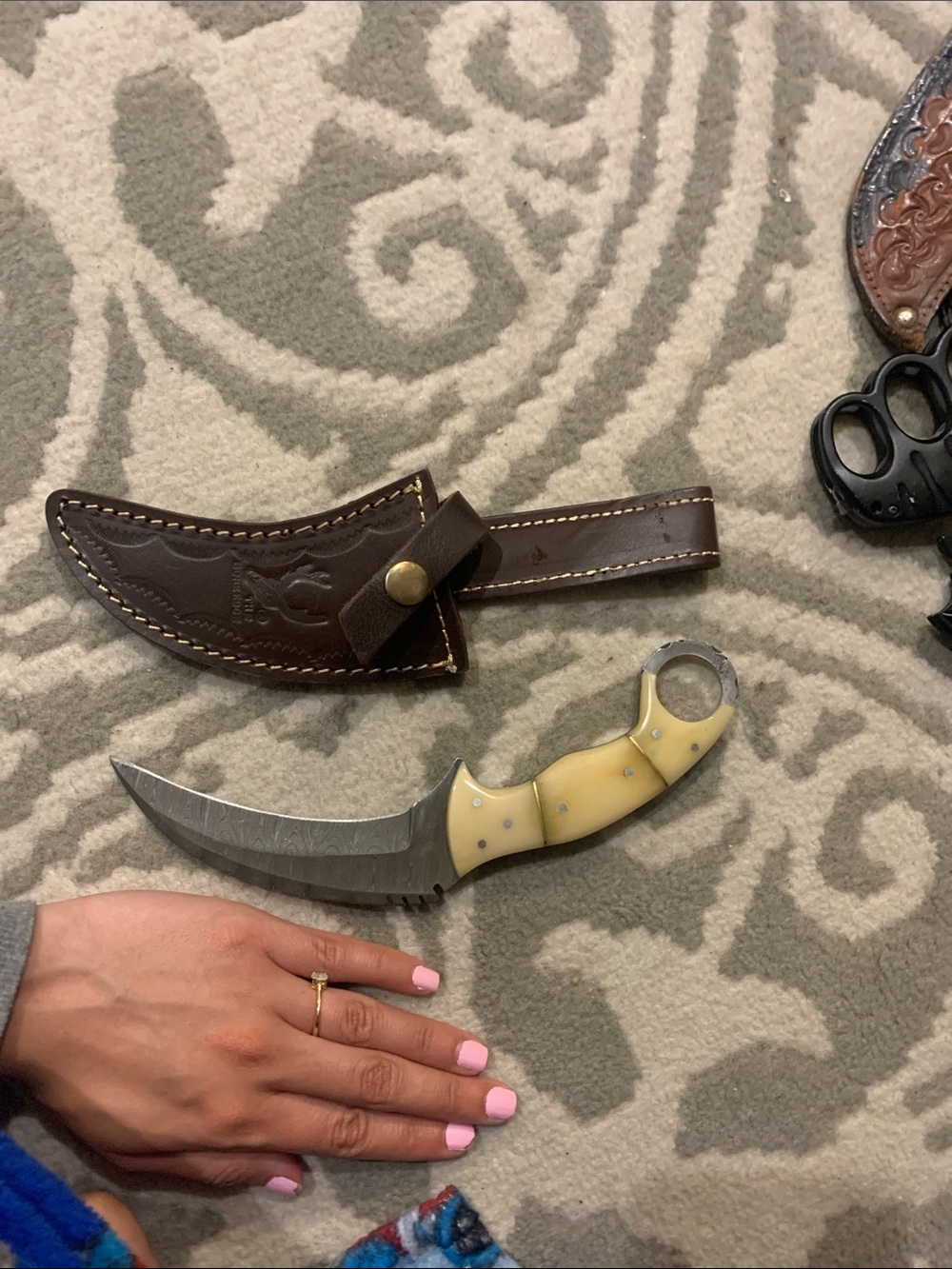 Bone Handle Karambit Knife with Brown Leather Sheath